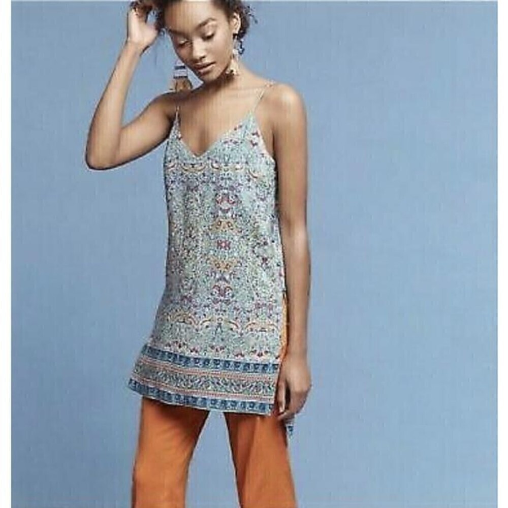 Maeve by Anthropologie "Meret" Green Floral 100% Silk Tunic Blouse size 8P